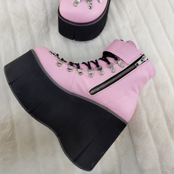 Goth 4 1/2" Platform Faux Lace-Up Ankle Boot in Pink - Picture 7 of 12